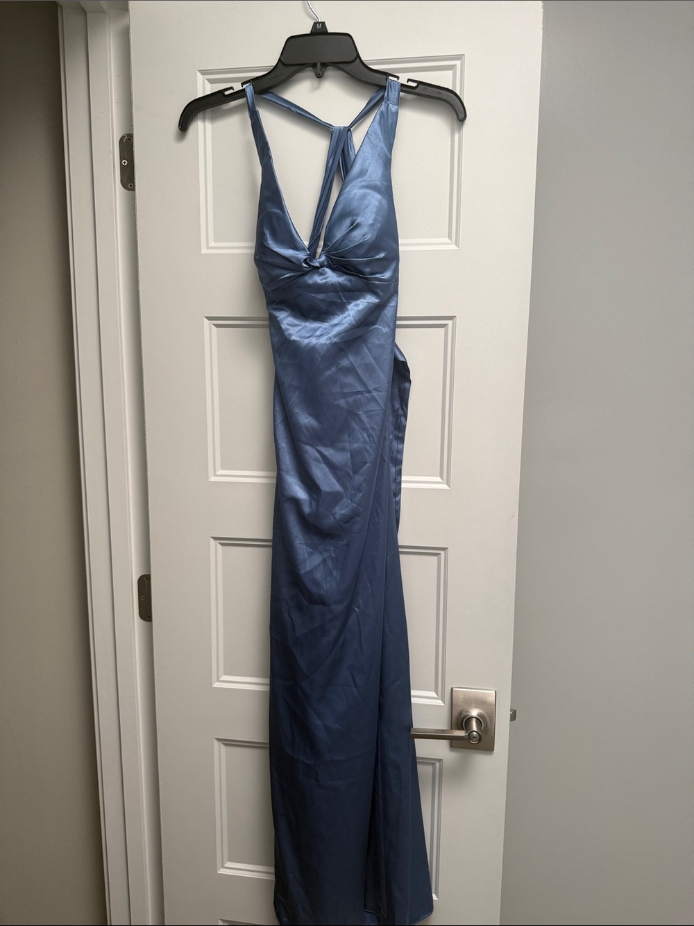 Twist-Front Satin Evening Gown in Steel Blue
